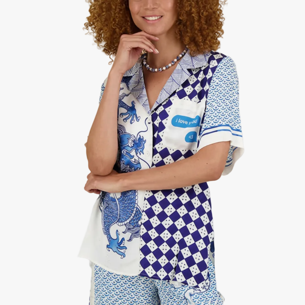 Luy Satin Set - Dragon Print Short Sleeve