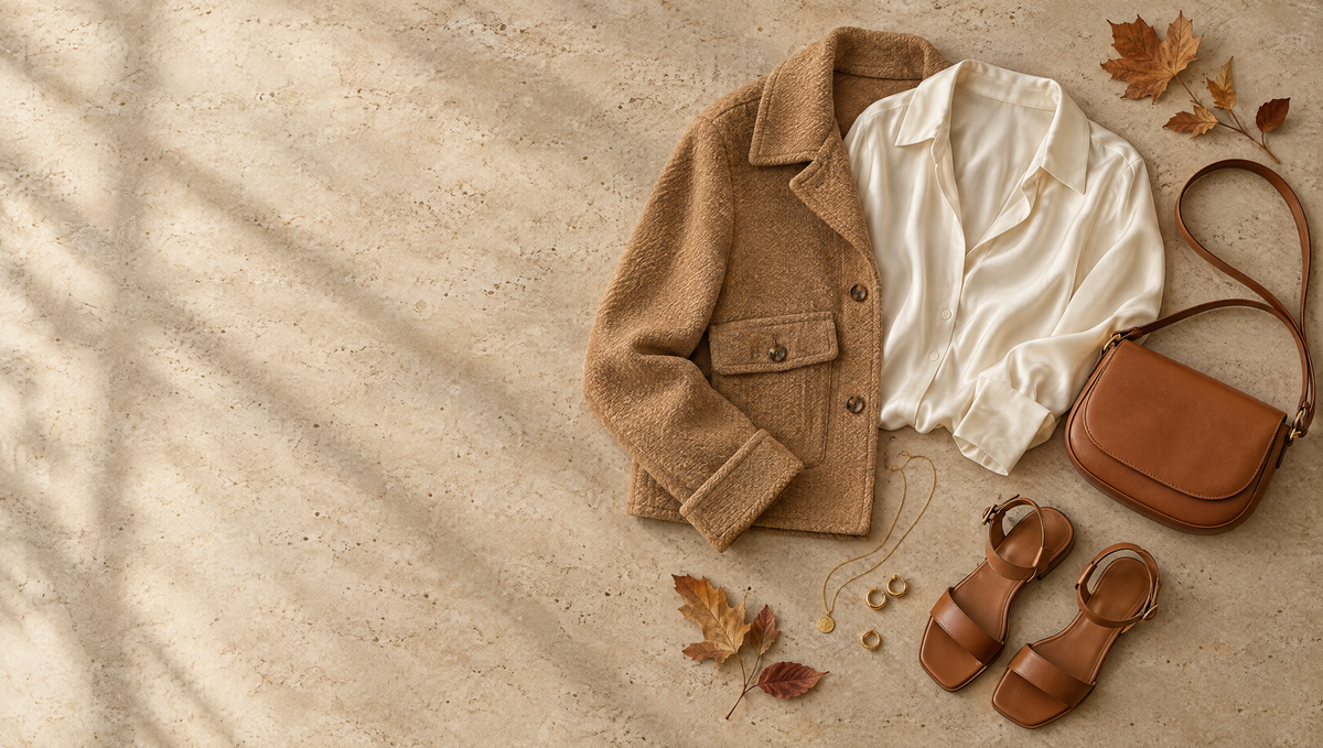 Joynoria autumn edit – camel jacket, cream silk blouse, cognac leather crossbody bag and tan sandals